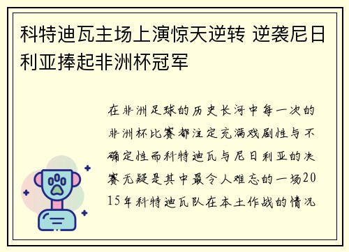 科特迪瓦主场上演惊天逆转 逆袭尼日利亚捧起非洲杯冠军